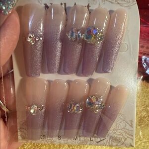 Purple and Nude Ombre Press-On Nails with Rhinestones
